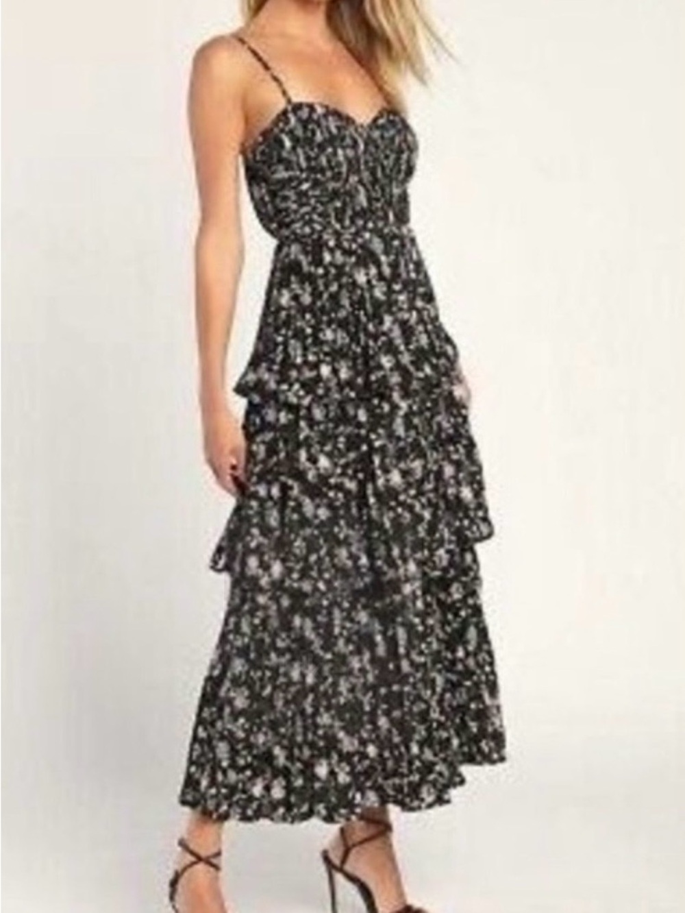 Lulu's Black Floral Tiered Maxi Dress with Spaghetti Straps